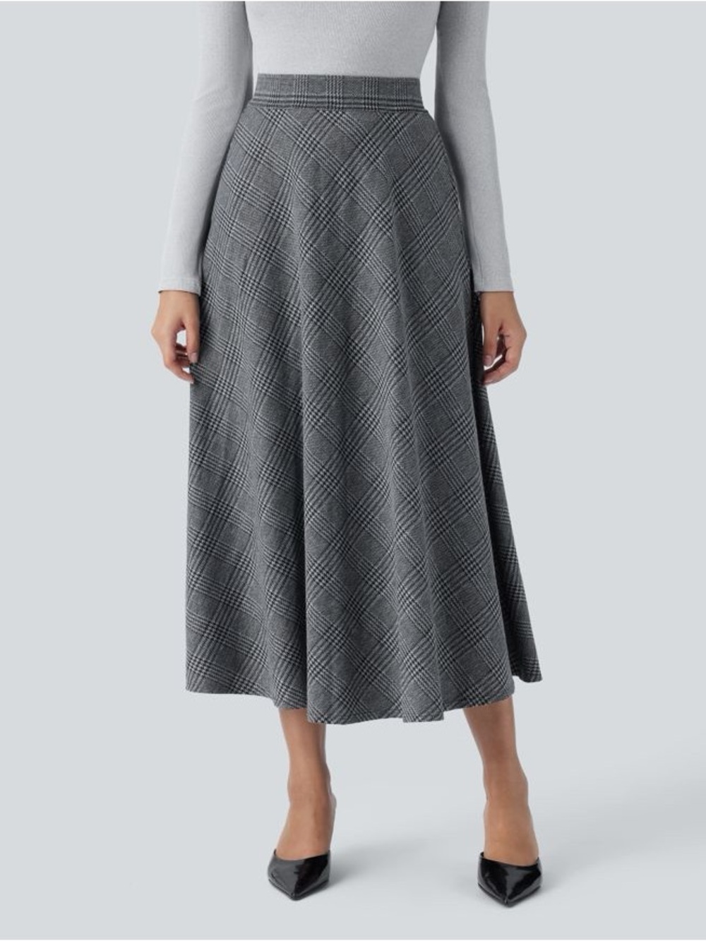 Halara High Waisted Pocket Houndstooth Plaid Flare Midi Casual Skirt